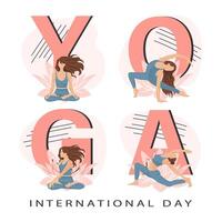 Internationale yoga dag. yoga poses reeks met brieven en lotus bloemen. een vrouw praktijken yoga. illustratie, poster, banier vector