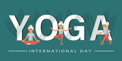 Internationale yoga dag. yoga poses reeks met brieven en lotus bloemen. een vrouw praktijken yoga. illustratie, poster, banier vector