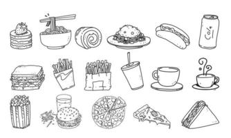 set van eten en drinken vectorillustratie. fastfood detail lineart illustratie op geïsoleerde background vector