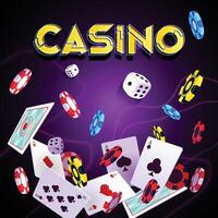een casino kaart met de woord casino Aan het, casino nacht met spelen kaart, Munten vector