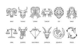 set van horoscoop symbool in twaalf dierenriem sterrenbeeld. een platte lijn dierenriem pictogrammen geïsoleerd op zwarte achtergrond. astrologie en mythologie collectie in vector. vector