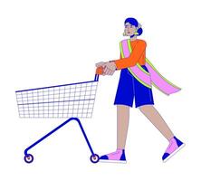 Hindoe vrouw toepassingen boodschappen doen kar 2d lineair tekenfilm karakter. zuiden Aziatisch vrouw op te slaan klant geïsoleerd lijn persoon wit achtergrond. supermarkt trolley kleur vlak plek illustratie vector