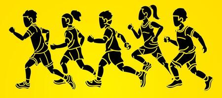 groep van kinderen rennen samen mengen jongen en meisje begin rennen tekenfilm sport grafisch vector