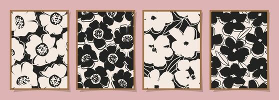 reeks van abstract groovy bloemen affiches. modieus botanisch muur kunst met bloem ontwerp afdrukken in zwart en wit kleuren. modern naief voor interieur decor, omslag, kaart, achtergrond en minimaal afdrukken. vector