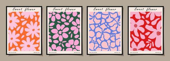 reeks van abstract groovy bloemen affiches. modieus botanisch muur kunst met bloem ontwerp afdrukken in levendig kleuren. modern naief voor interieur decor, omslag, kaart, sjabloon, banier, behang en achtergrond. vector