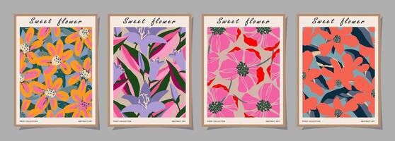 reeks van abstract groovy bloemen affiches. modieus botanisch muur kunst met bloem ontwerp afdrukken in levendig kleuren. modern naief voor interieur decor, omslag, kaart, sjabloon, banier, behang en achtergrond. vector