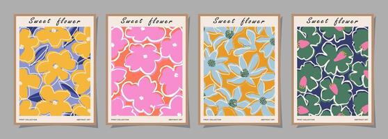 reeks van abstract groovy bloemen affiches. modieus botanisch muur kunst met bloem ontwerp afdrukken in levendig kleuren. modern naief voor interieur decor, omslag, kaart, sjabloon, banier, behang en achtergrond. vector