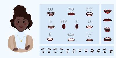 bedrijf kantoor plus grootte vrouw avatar creatie geschikt voor animatie. generator, bouwer van verschillend ogen, lippen, emotie uitdrukking mond animatie en lip synchroniseren. vrouw karakter gezicht bouw vector