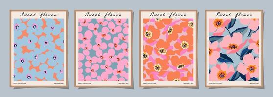 reeks van abstract groovy bloemen affiches. modieus botanisch muur kunst met bloem ontwerp afdrukken in levendig kleuren. modern naief voor interieur decor, omslag, kaart, sjabloon, banier, behang en achtergrond. vector