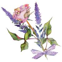 hand- getrokken waterverf illustratie haveloos boho botanisch bloemen bladeren. verdord roze roos, veronica lavendel, Purper boog boeket. samenstelling geïsoleerd wit achtergrond. ontwerp bruiloft, bloemen winkel vector