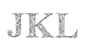 bloemen illustratie alfabet j, k, l, vector grafische lettertype gemaakt door bloem en blad plant creatieve handgetekende lijntekeningen voor abstracte en natuurlijke natuurstijl looks in unieke zwart-wit design decoratie
