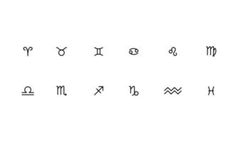 set van horoscoop symbool in twaalf dierenriem sterrenbeeld. een platte lijn dierenriem pictogrammen geïsoleerd op zwarte achtergrond. astrologie en mythologie collectie in vector. vector