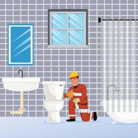 professioneel in veiligheid uitrusting repareren een toilet, met wasbak, bad, venster, en spiegel in de badkamer vector