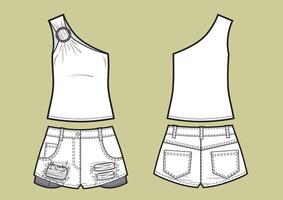reeks van zomer kleren voor Dames. asymmetrisch top en jeans korte broek. vector