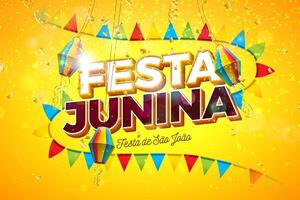festa Junina illustratie met partij vlaggen en 3d belettering Aan geel achtergrond. Brazilië juni traditioneel vakantie festival ontwerp voor viering banier, groet kaart, uitnodiging of poster vector
