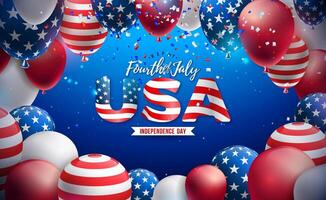 4e van juli onafhankelijkheid dag van de Verenigde Staten van Amerika illustratie met Amerikaans vlag patroon partij ballon en 3d belettering Aan blauw achtergrond. vierde van juli nationaal viering ontwerp voor banier vector