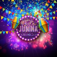 festa Junina viering banier illustratie met papier lantaarn, partij vlaggen en licht lamp aanplakbord Aan gloeiend vuurwerk achtergrond. Brazilië juni sao joao festival ontwerp voor groet kaart vector