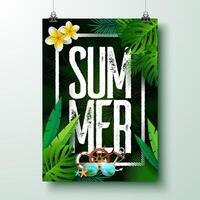 zomer vakantie poster ontwerp met zonnebril en tropisch bloem Aan donker groen achtergrond. sjabloon met typografie belettering en palm blad voor banier, folder, uitnodiging, brochure of groet vector