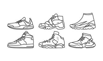 set van sport- en levensstijlschoenen, sneaker vector handgetekende collectie, schoen lineart icoon. nieuwe schoenillustratie voor ontwerpelement voor sport en branding