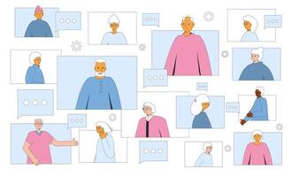 ouderen mensen communicatie. senior oud mannen en Dames pratend online. illustratie vector