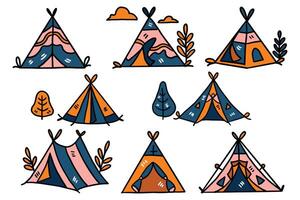 een reeks van tekeningen van tenten met een boom in de midden- vector