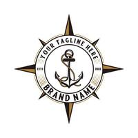 wijnoogst anker ontwerp logo. anker en kompas, zee avontuur ontwerp of marinier bedrijf vector