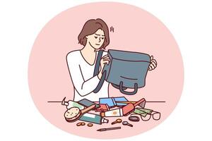 verbaasd vrouw schudt uit inhoud van zak Aan tafel proberen naar vind portemonnee met geld of mobiel telefoon vector