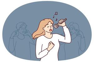 vrouw zingt in karaoke staand in de buurt vrienden aan het bedekken oren ten gevolge naar ondraaglijk stem of hoog volume vector