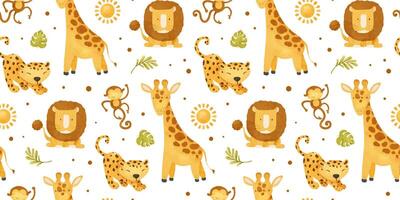 schattig baby Afrikaanse oerwoud dieren leeuw, luipaard, Jachtluipaard, aap, giraffe en bladeren, zon. waterverf naadloos patroon. kinderachtig achtergrond. safari afdrukken voor ontwerp kinderen goederen, kaarten, kleding stof, vector