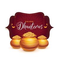 dhanteras festival groet kaart met gouden pot vector