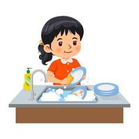 een weinig meisje het wassen de gerechten in de keuken. concept van een kind assisteren ouders met huishouding vector
