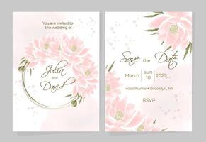 veelzijdig Sjablonen voor bruiloft kaart ontwerpen, kladblok covers of uitnodigingen. feestelijk waterverf ontwerp met goud lijn en lotus bloemen in een ronde kader met ruimte voor tekst. vector