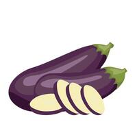 aubergines icoon, geheel en plakjes.groente illustratie voor boerderij markt menu. grafisch element voor kleding stof, textiel, kleding, omhulsel papier, behang, poster. illustratie vector