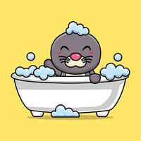 tekenfilm schattig zee leeuw het baden in bad gevulde met schuim vector