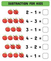 wiskundig spel met tomaten voor kleuterschool en kleuters. aftrekken spel. illustratie. afdrukbare vel vector