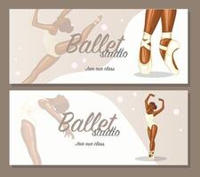 reeks van promo banners ballet. ballerina illustratie, gymnastiek meisje. sport, gezond levensstijl, Sportschool, fitheid, flexibiliteit, uitrekken. hand- getrokken kunst werk geïsoleerd Aan wit achtergrond vector