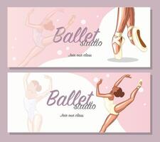 reeks van promo banners ballet. ballerina illustratie, gymnastiek meisje. sport, gezond levensstijl, Sportschool, fitheid, flexibiliteit, uitrekken. hand- getrokken kunst werk geïsoleerd Aan wit achtergrond vector