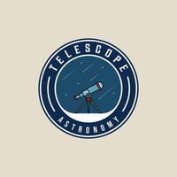 telescoop Bij nacht embleem logo illustratie sjabloon icoon grafisch ontwerp. ruimtevaart teken of symbool voor astronomie concept met cirkel insigne typografie stijl vector