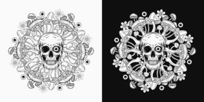 circulaire zwart en wit patroon met menselijk schedel, kleurrijk paddestoelen, kamille, oogbollen. concept van krankzinnigheid, gekte. surrealistische illustratie voor hip, psychedelisch ontwerp vector
