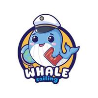 walvis mascotte logo, een klein, aanbiddelijk walvis met een zeelieden hoed, Holding een klein wereldbol in een vin en een paspoort in de andere vector