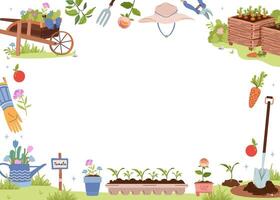 zomer en voorjaar tuin kader. achtergrond met landbouw . tuin hulpmiddelen, huishouden verzameling. groeit groenten. voorjaar zaailingen, compost, kar. vector