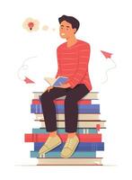 Mens zittend Aan stack van boeken en denken creatief idee terwijl lezing een boek concept illustratie vector