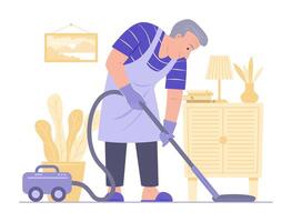 senior Mens schoonmaak huis met elektrisch vacuüm schoonmaakster vector