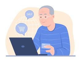 ouderen Mens aan het doen online boodschappen doen Aan laptop voor e-commerce concept illustratie vector