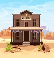 wild west sheriff gebouw achtergrond. western Amerikaans stad- in illustratie. Politie huis met deur, ramen en banier voorkant visie. cactus, rotsen, loop, houten wiel Aan woestijn land. vector