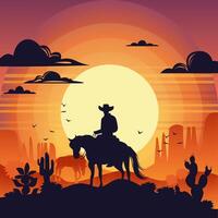 woestijn zonsondergang landschap met cowboy Aan paard, bergen, cactus en vogelstand in de lucht. wild west Texas in vlak tekenfilm stijl. silhouet . vector