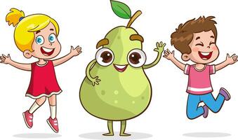 groot fruit en kinderen. schattig weinig kinderen hebben pret en spelen met groot vruchten. grappig tekenfilm karakter. illustratie. geïsoleerd Aan wit achtergrond vector