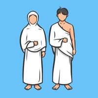 moslim paar presteert Islamitisch hadj bedevaart. Mens en vrouw hadj tekens slijtage ihram kleren. illustratie in hand- getrokken vector