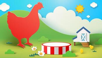 boerderij thema achtergrond met kip silhouet en Product Scherm podium, 3d illustratie vector