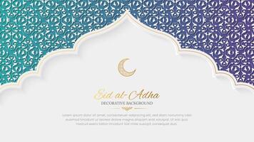 eid al-adha mubarak luxe sier- groet kaart achtergrond met Arabisch patroon en decoratief boog grens vector